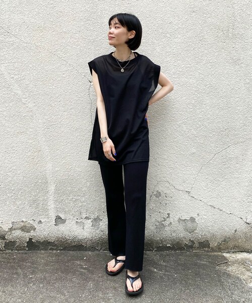 DouDou（ドゥドゥ）の「シアートップス＋リブパンツセット（その他・レディース・オフホワイト/ブラック・F）」の2枚目の写真