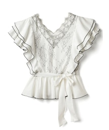 GRL（グレイル）の「リボンベルト付きレース配色パイピングフリルブラウス（シャツ/ブラウス・レディース）」