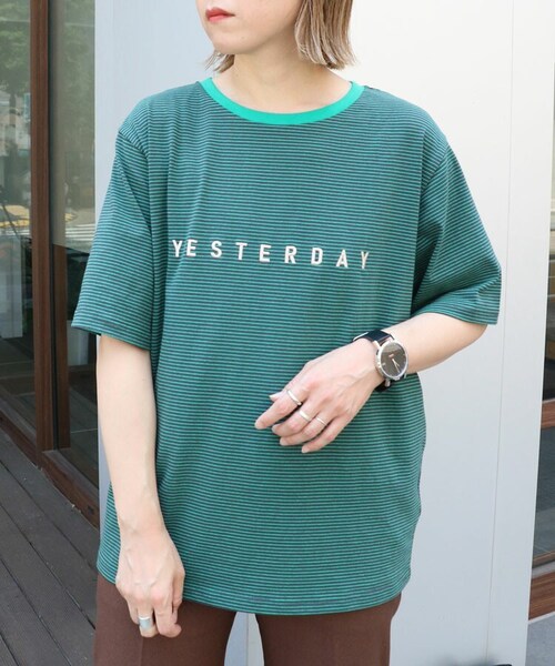 Sheson（シーズン）の「刺繍ロゴ細ボーダーTee（Tシャツ/カットソー・レディース・ホワイト/グリーン/ブルー・F）」の2枚目の写真