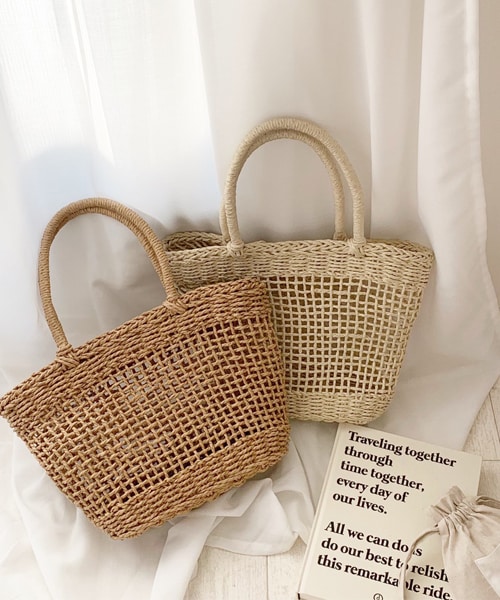 chocomee（チョコミー）の「カゴトートバッグ（かごバッグ・レディース・ベージュ/ホワイト・FREE）」の2枚目の写真