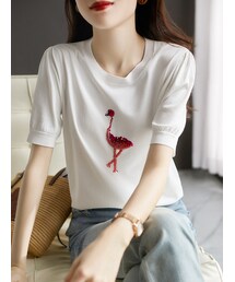 Cozyyoung | フラミンゴパターン ショートニットプルオーバー(Tシャツ/カットソー)