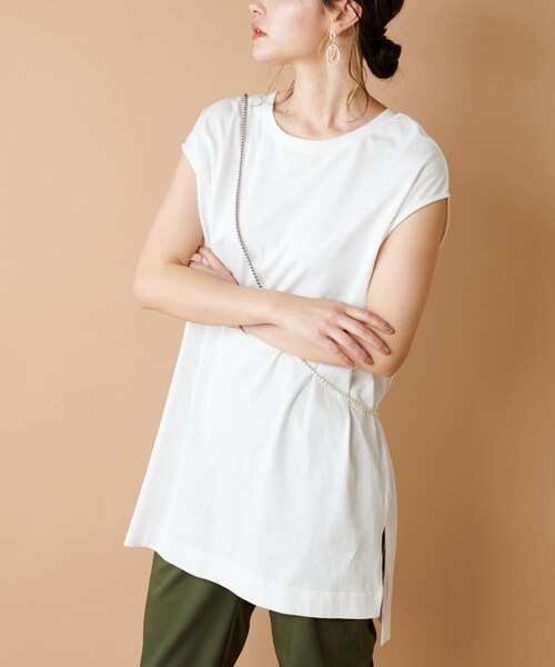 COLLAGE GALLARDAGALANTE(コラージュガリャルダガランテ)の「【間のびしないバランス】フレンチスリーブチュニックTシャツ(Tシャツ/カットソー・レディース・ホワイト/ミント/グレー/ブラック・F)」の1枚目の写真