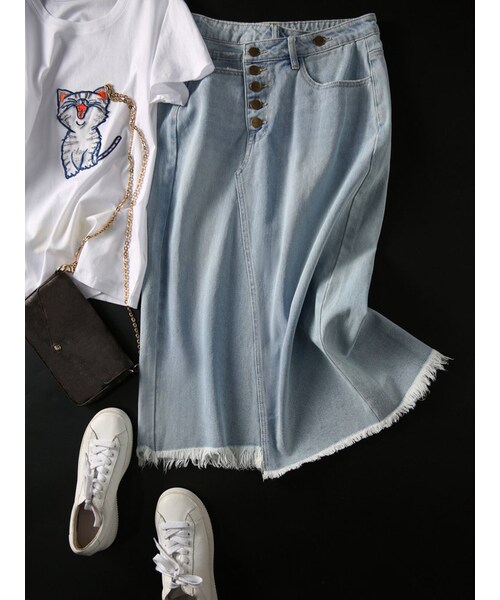 Cozyyoung（コージーヤング）の「フアッションフリンジ付けデニムタイトスカート（スカート・レディース・ブルー・S）」の4枚目の写真
