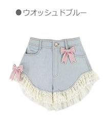 Bobon21 | リボンデコ裾レースデニムショーパン-全2色-(デニムパンツ)