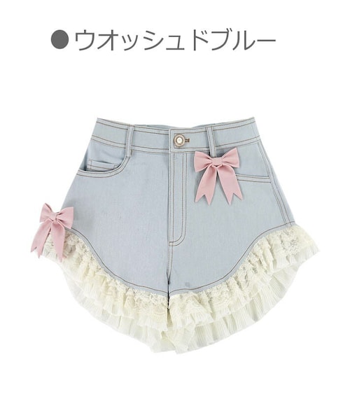 Bobon21(ボボンニジュウイチ)の「リボンデコ裾レースデニムショーパン-全2色-(デニムパンツ・レディース・ブルー/ピンク・S/M/L)」の1枚目の写真