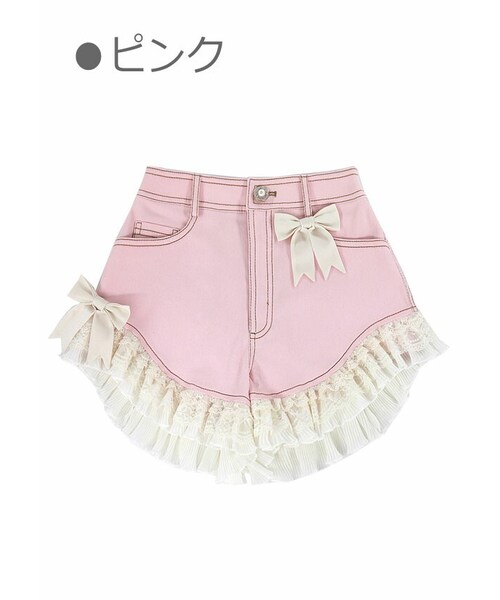 Bobon21(ボボンニジュウイチ)の「リボンデコ裾レースデニムショーパン-全2色-(デニムパンツ・レディース・ブルー/ピンク・S/M/L)」の2枚目の写真