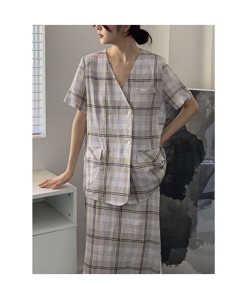 Cozyyoung（コージーヤング）の「サマーチェック柄スーツシャツトップAラインスカートセット（スカート・レディース・その他・S）」の2枚目の写真