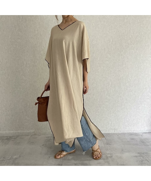 copine(コピン)の「楊柳パイピングカフタンワンピース(2color)(ワンピース・レディース・ベージュ/ブラック・ワンサイズ)」の1枚目の写真