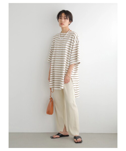 AMERICAN HOLIC（アメリカンホリック）の「裾ラウンド5分袖カットチュニック（トップス・アイボリー/ボーダーキャメル/ボーダーブラック・M/L）」の5枚目の写真