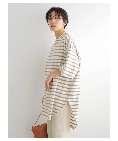 AMERICAN HOLIC（アメリカンホリック）の「裾ラウンド5分袖カットチュニック（トップス・アイボリー/ボーダーキャメル/ボーダーブラック・M/L）」の2枚目の写真