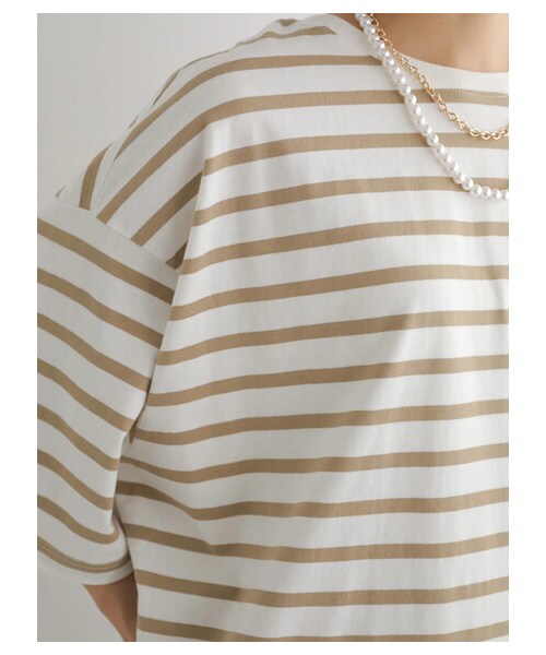 AMERICAN HOLIC（アメリカンホリック）の「裾ラウンド5分袖カットチュニック（トップス・アイボリー/ボーダーキャメル/ボーダーブラック・M/L）」の4枚目の写真