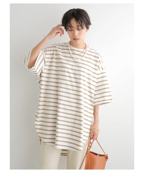 AMERICAN HOLIC（アメリカンホリック）の「裾ラウンド5分袖カットチュニック（トップス・アイボリー/ボーダーキャメル/ボーダーブラック・M/L）」の3枚目の写真