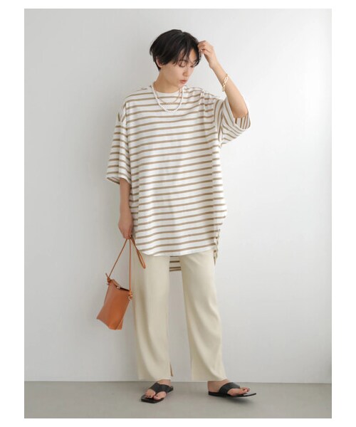 AMERICAN HOLIC（アメリカンホリック）の「裾ラウンド5分袖カットチュニック（トップス・アイボリー/ボーダーキャメル/ボーダーブラック・M/L）」の6枚目の写真