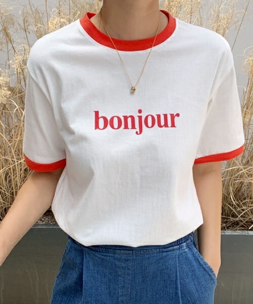 DHOLIC STYLE（ディーホリックスタイル）の「[mayblue] bonjour配色ラウンドネックTシャツ（Tシャツ/カットソー・レディース・ブルー/レッド・FREE）」の2枚目の写真