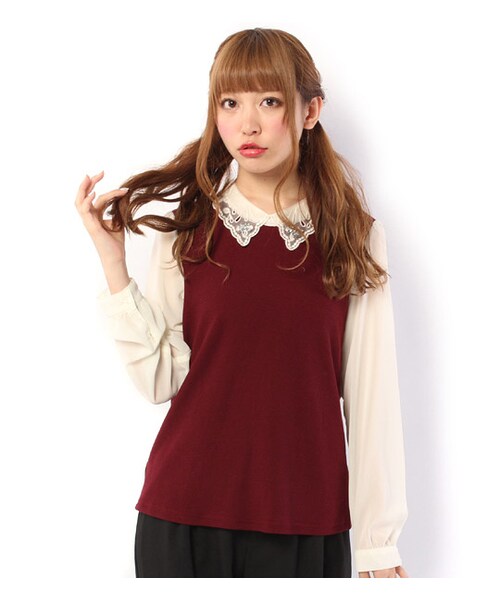 PAGEBOY(ページボーイ)の「オーガンジー&シフォン切り替えニットソー(トップス・レディース・ダークグレー/ブラック/ボルドー/ネイビー)」の4枚目の写真