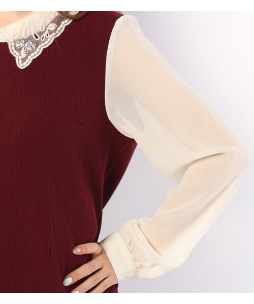 PAGEBOY(ページボーイ)の「オーガンジー&シフォン切り替えニットソー(トップス・レディース・ダークグレー/ブラック/ボルドー/ネイビー)」の10枚目の写真