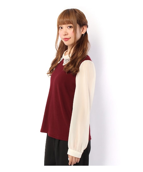 PAGEBOY(ページボーイ)の「オーガンジー&シフォン切り替えニットソー(トップス・レディース・ダークグレー/ブラック/ボルドー/ネイビー)」の7枚目の写真