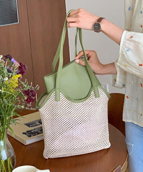 DHOLIC（ディーホリック）の「配色トートネットバッグ・全4色（トートバッグ・レディース・ブラック/イエロー/グリーン/ブラウン・ONESIZE）」の3枚目の写真