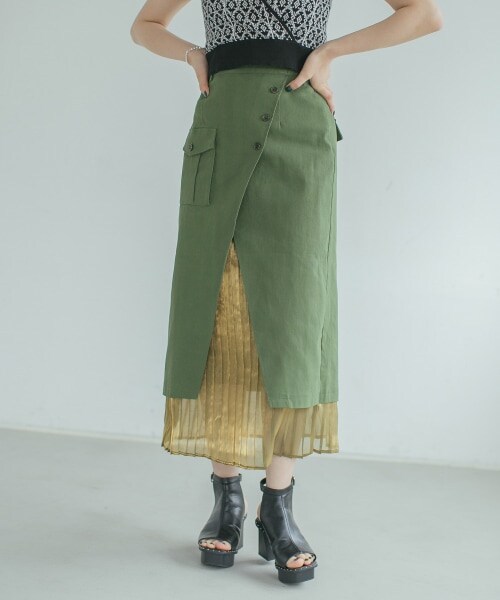 PAGEBOY（ページボーイ）の「プリーツレイヤードナロースカート（スカート・レディース・ブラック/カーキ・F）」の3枚目の写真