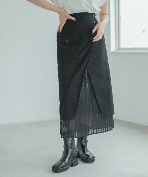 PAGEBOY（ページボーイ）の「プリーツレイヤードナロースカート（スカート・レディース・ブラック/カーキ・F）」の5枚目の写真
