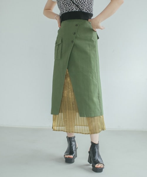 PAGEBOY（ページボーイ）の「プリーツレイヤードナロースカート（スカート・レディース・ブラック/カーキ・F）」の2枚目の写真
