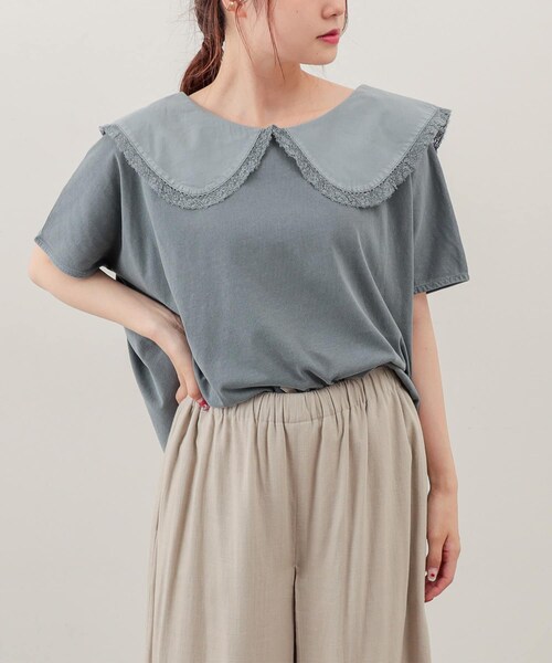 PUAL CE CIN(ピュアルセシン)の「【WEB限定】ピグメント染め×衿レースTシャツ(Tシャツ/カットソー・レディース・ベージュ/グリーン系その他/グレー/スミクロ・FREE)」の3枚目の写真