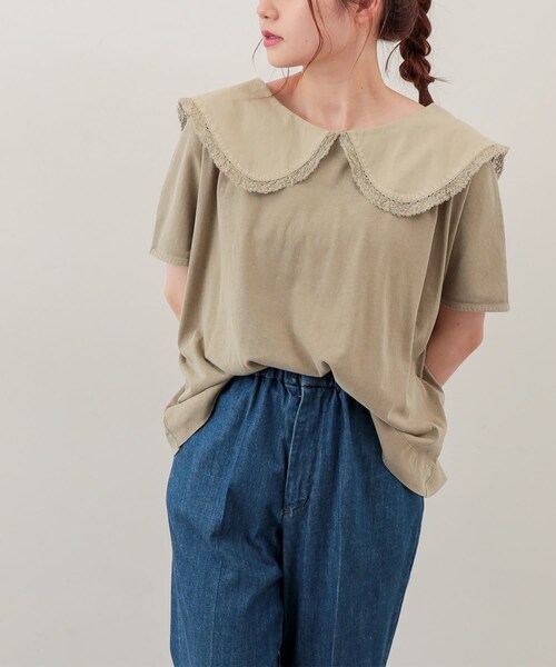PUAL CE CIN(ピュアルセシン)の「【WEB限定】ピグメント染め×衿レースTシャツ(Tシャツ/カットソー・レディース・ベージュ/グリーン系その他/グレー/スミクロ・FREE)」の4枚目の写真