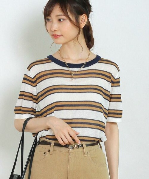 Crisp（クリスプ）の「ミックスボーダーニットTシャツ[c1k2989b]（Tシャツ/カットソー・レディース・ミント/ネイビー/ピンク・FREE）」の2枚目の写真