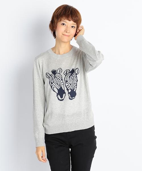 DOUBLE NAME（ダブルネーム）の「【STYLE BOOK掲載】しまうまＦＡＣＥニットトップス（トップス・レディース・チャコールグレー/キナリ/杢グレー・FREE）」の2枚目の写真