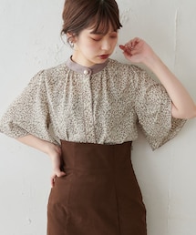 natural couture | パール釦ポイントバイカラーフレア5分袖ブラウス(シャツ/ブラウス)