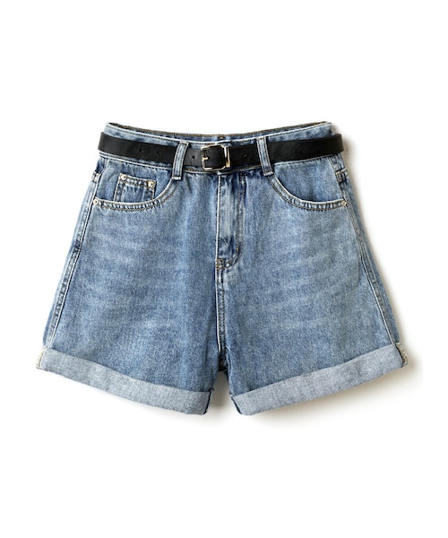 GRL(グレイル)の「ベルト付きヴィンテージ加工デニムショートパンツ(デニムパンツ・レディース・ブルー・S)」の1枚目の写真
