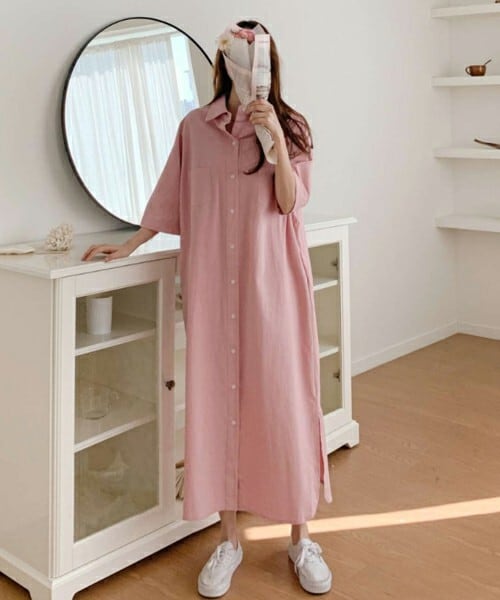 DHOLIC STYLE（ディーホリックスタイル）の「[lindashop] ダブルポケットロングシャツワンピース（シャツワンピース・レディース・ホワイト/ピンク/イエロー/グリーン/ブルー・FREE）」の5枚目の写真