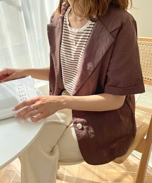 chocomee（チョコミー）の「リネンライトジャケット（その他アウター・レディース・ホワイト/ブラウン・FREE）」の2枚目の写真