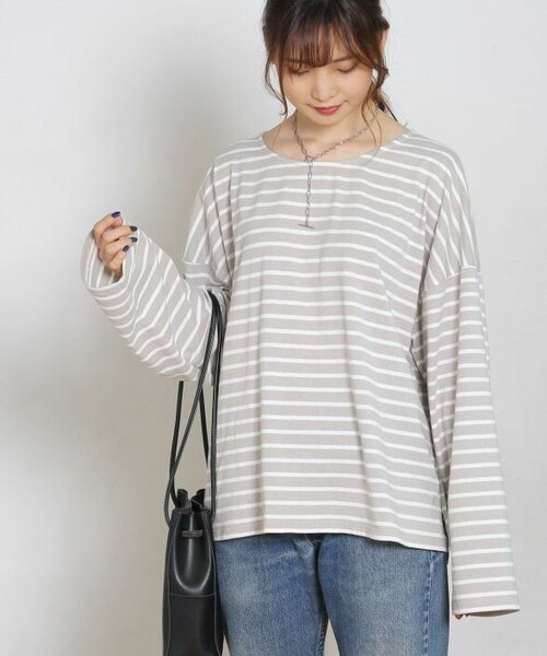 Crisp yours（クリスプユアーズ）の「ルーズボーダーTシャツ[y1k283]（Tシャツ/カットソー・レディース・ブラック/グレー/ピンク・FREE）」の2枚目の写真