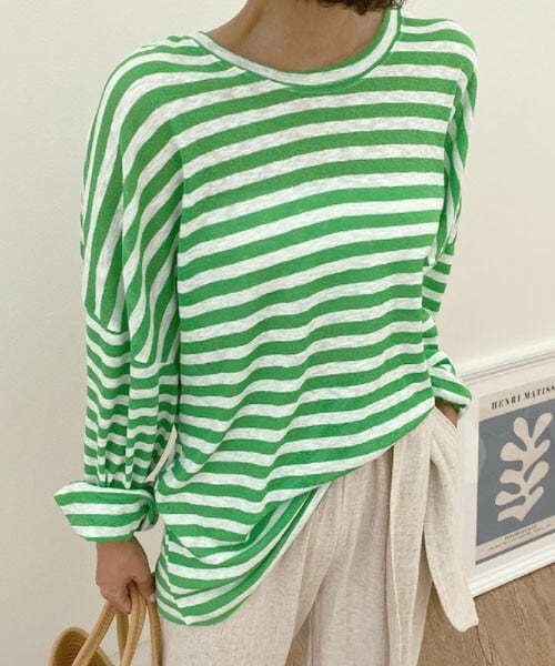 DHOLIC(ディーホリック)の「ボーダーロングTシャツ(Tシャツ/カットソー・レディース・ブラック/グリーン/ホワイト・ONESIZE)」の3枚目の写真