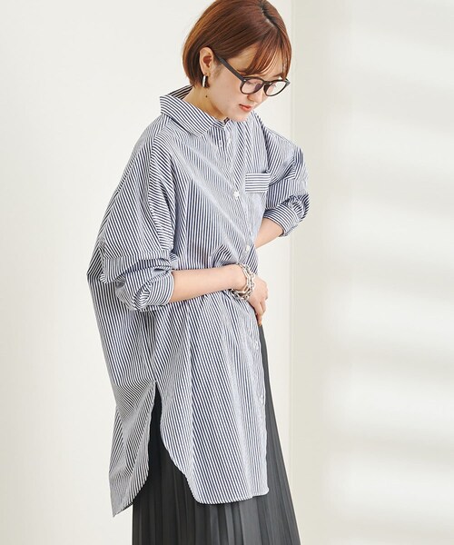 DouDou(ドゥドゥ)の「ストライプBIGチュニックシャツ(シャツ/ブラウス・レディース・グリーン/ネイビー・F)」の1枚目の写真