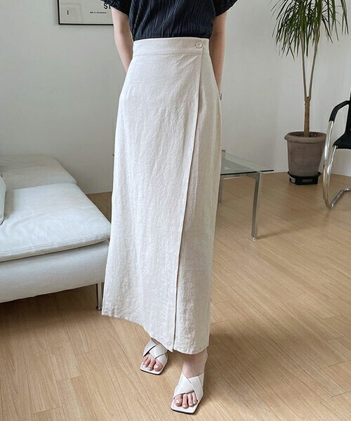 DHOLIC（ディーホリック）の「リネン混ボタンラップスカート・全3色（スカート・レディース・ピンク/ベージュ/ブラウン・ONESIZE）」の3枚目の写真