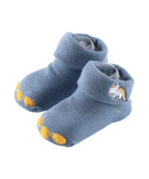 BRANSHES(ブランシェス)の「恐竜刺繍ベビー足型カップソックス(ベビーシューズ/ベビーソックス・キッズ・ブルー/ダークグリーン・9cm~13cm)」の1枚目の写真