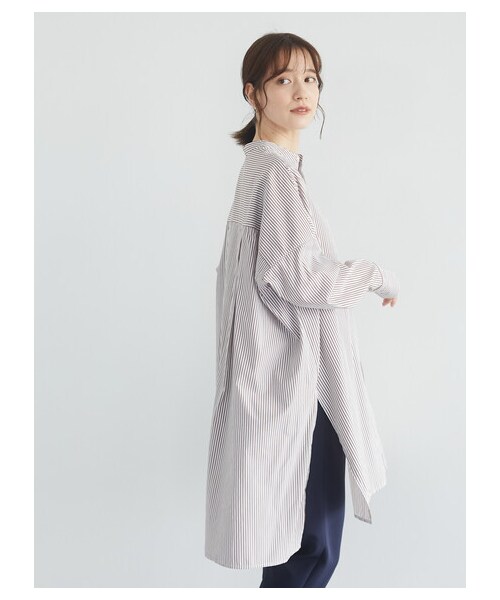 Green　Parks（グリーンパークス）の「イージーケアシャツワンピース（ワンピース/ドレス・オフホワイト/グレーベージュ/ストライプネイビー/ストライプベージュ・F）」の2枚目の写真