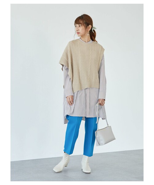 Green　Parks（グリーンパークス）の「イージーケアシャツワンピース（ワンピース/ドレス・オフホワイト/グレーベージュ/ストライプネイビー/ストライプベージュ・F）」の16枚目の写真