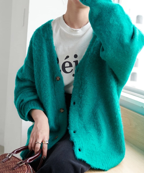 DISCOAT(ディスコート)の「【ユニセックスで着用可能】モヘアライクブラッシングカーディガン(カーディガン/ボレロ・レディース・イエロー/グリーン/ミッドナイトブルー/レッド/ブラウン/キャメル/チャコールグレー・M/L)」の1枚目の写真
