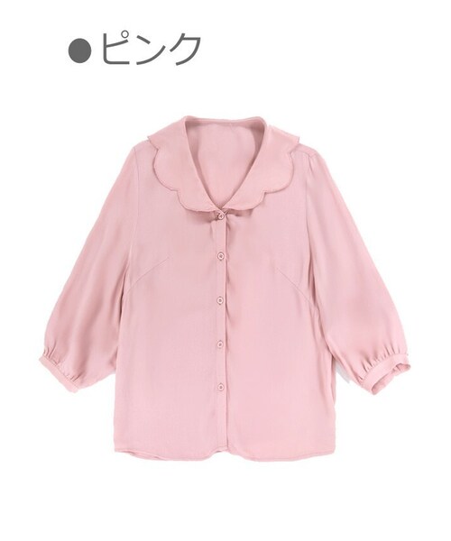 Bobon21（ボボンニジュウイチ）の「スカラップ襟七分袖シフォンブラウス-全２色-（シャツ/ブラウス・レディース・ホワイト/ピンク・Free）」の2枚目の写真