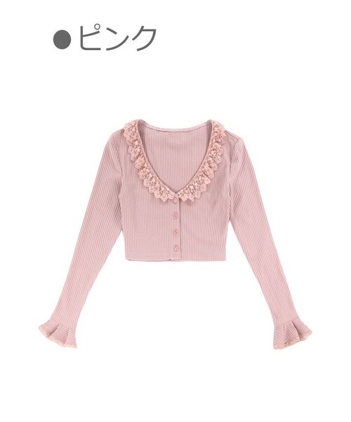 Bobon21（ボボンニジュウイチ）の「レース襟長袖チビカーディガン-全２色-（カーディガン/ボレロ・レディース・ホワイト/ピンク・S/M/L）」の2枚目の写真