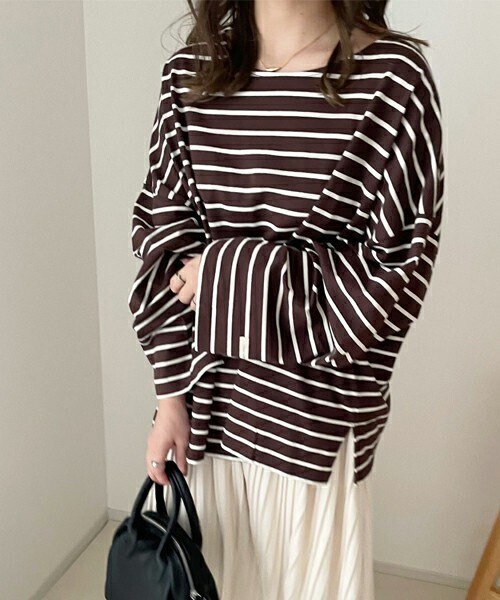 chocomee（チョコミー）の「ゆるボーダーロンT（Tシャツ/カットソー・レディース・ベージュ/ブラウン/ホワイト・FREE）」の3枚目の写真