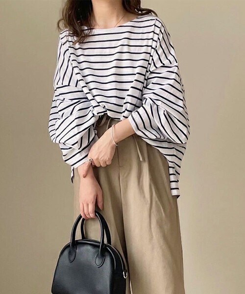 chocomee（チョコミー）の「ゆるボーダーロンT（Tシャツ/カットソー・レディース・ベージュ/ブラウン/ホワイト・FREE）」の2枚目の写真