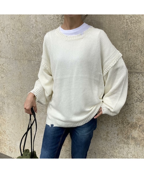 copine(コピン)の「ダメージニット(4color)(ニット/セーター・レディース・グレージュ/アイボリー/オリーブ/スミクロ・ワンサイズ)」の2枚目の写真