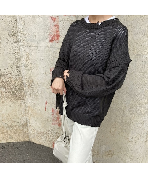 copine(コピン)の「ダメージニット(4color)(ニット/セーター・レディース・グレージュ/アイボリー/オリーブ/スミクロ・ワンサイズ)」の3枚目の写真