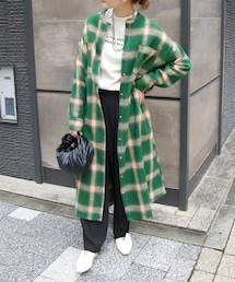 ワッフルチェックバンドカラーシャツワンピース