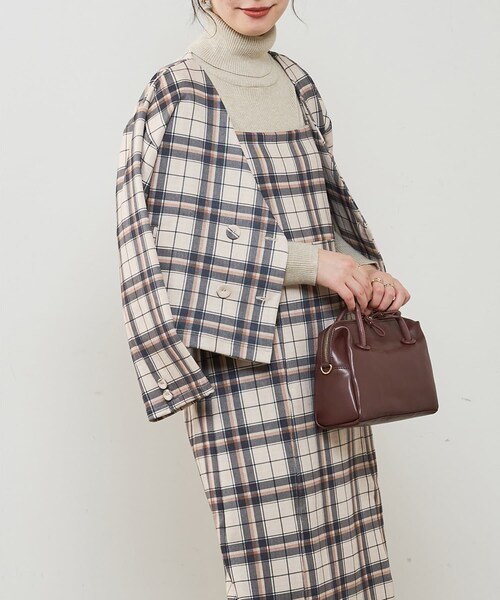 natural couture(ナチュラルクチュール)の「モクロディショートジャケット(テーラードジャケット・レディース・ライトベージュ/ブラウン/ブラック/チェック・FREE)」の1枚目の写真