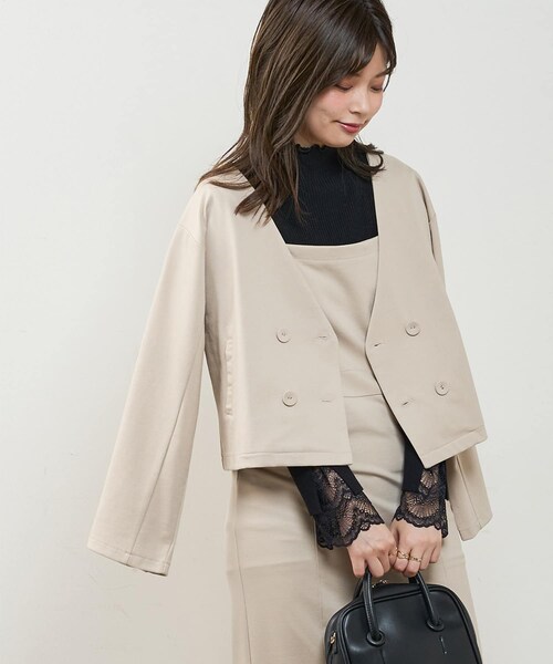 natural couture(ナチュラルクチュール)の「モクロディショートジャケット(テーラードジャケット・レディース・ライトベージュ/ブラウン/ブラック/チェック・FREE)」の2枚目の写真